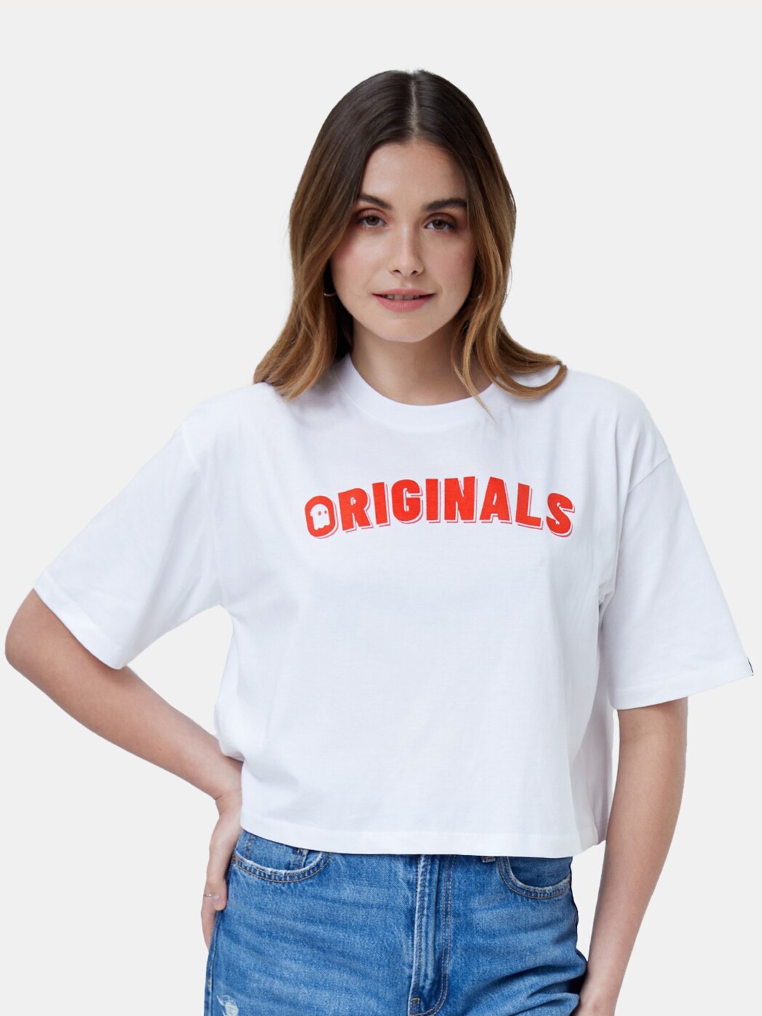 The Souled Store Women Pure Cotton Typography Oversized T-shirt, White