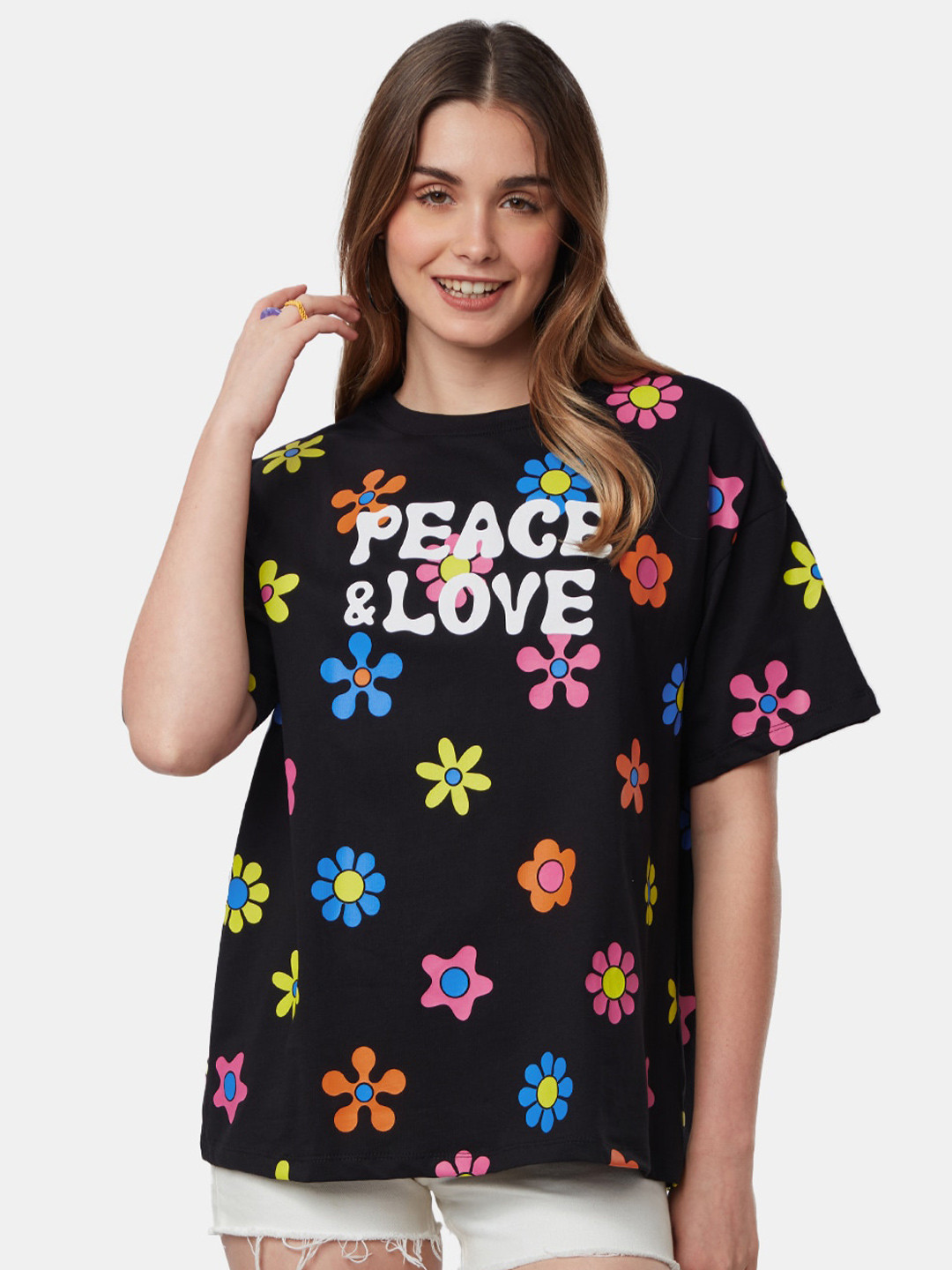 

The Souled Store Women Floral Printed Oversize Cotton Oversized T-shirt, Black