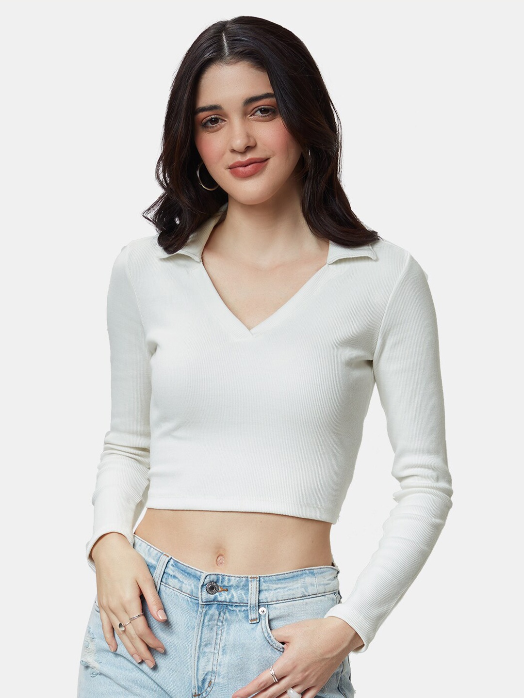 

The Souled Store Women V-Neck Cropped Cotton T-shirt, White
