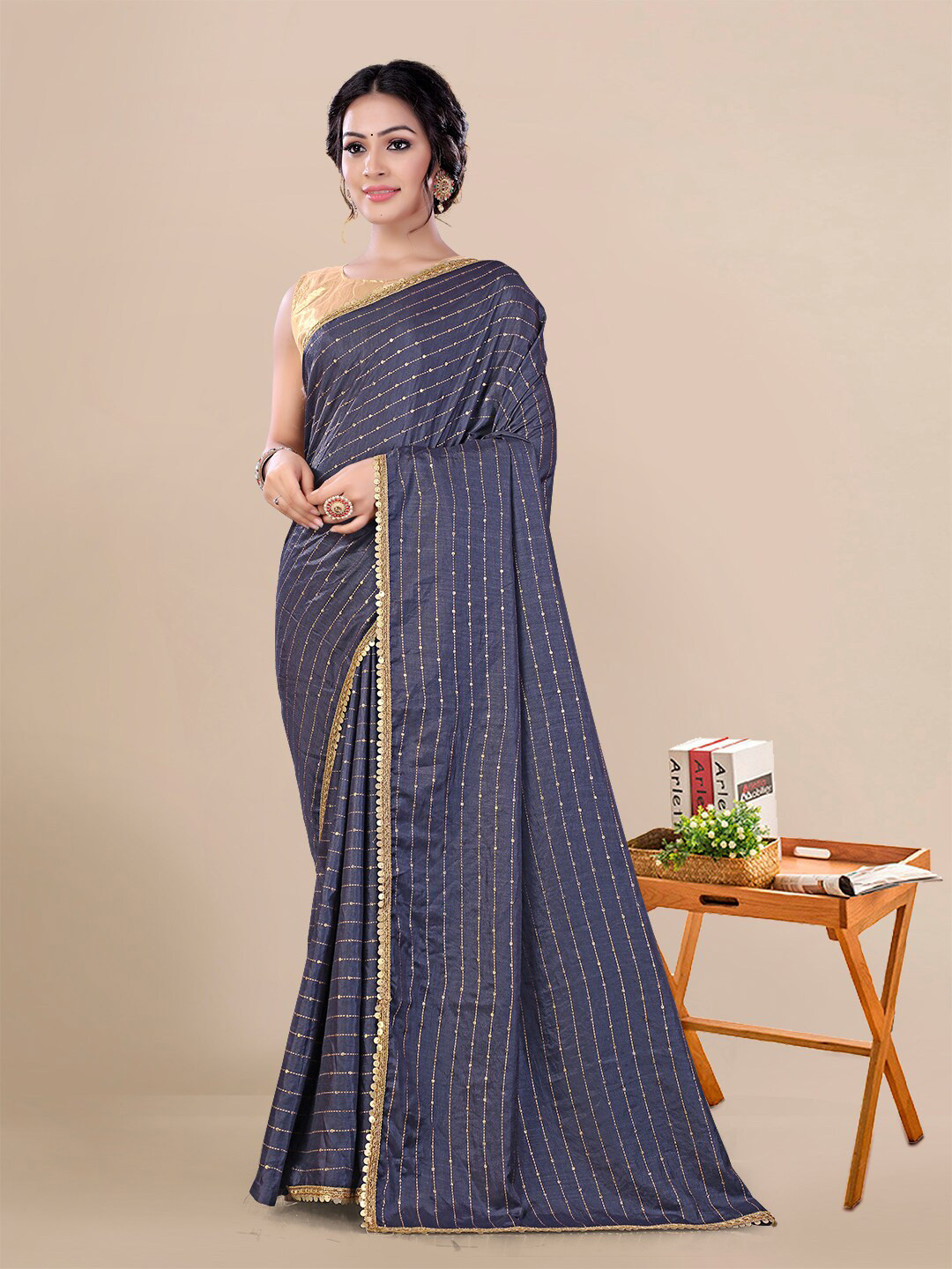 

KALINI Embellished Sequinned Maheshwari Saree, Navy blue