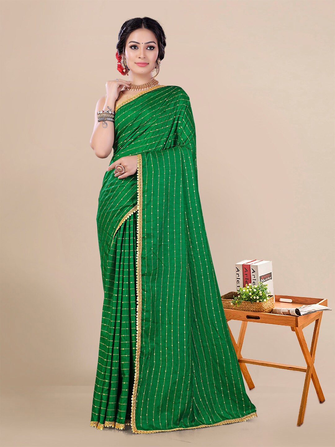 KALINI Embellished Sequinned Maheshwari Saree, Green