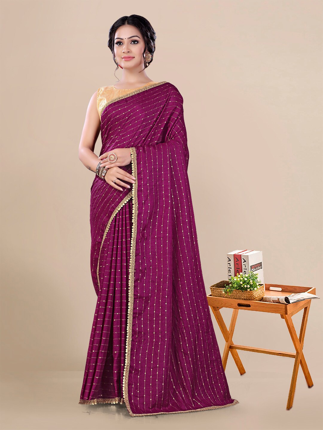 

KALINI Embellished Sequinned Maheshwari Saree, Burgundy