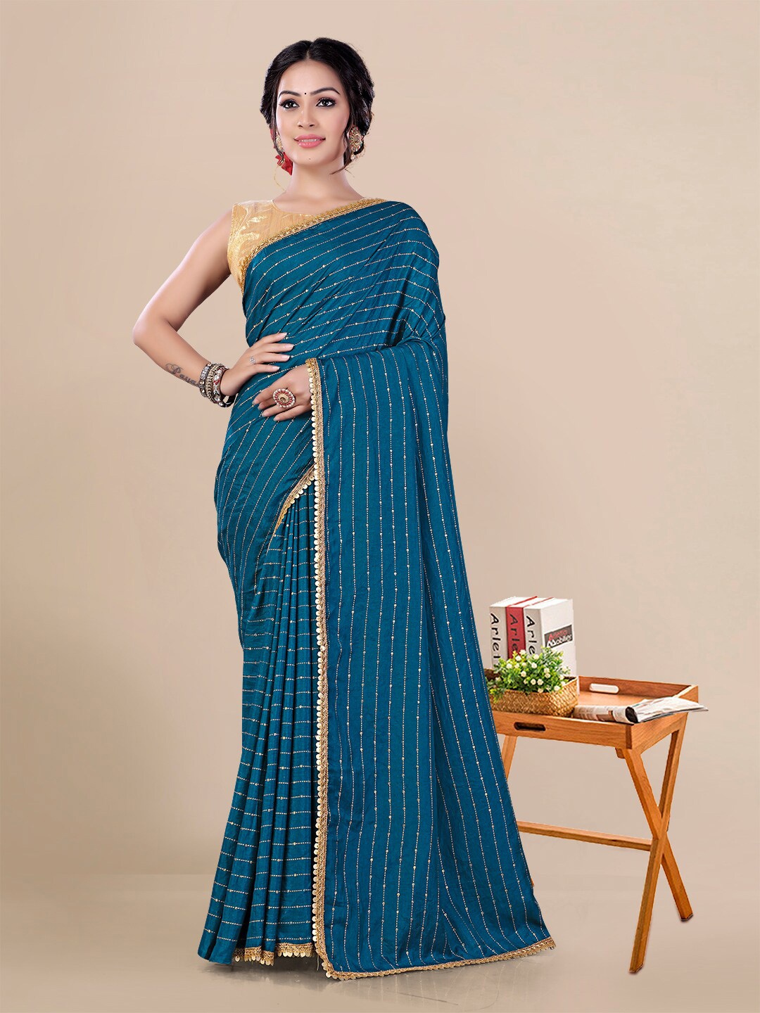 

KALINI Embellished Sequinned Maheshwari Saree, Teal