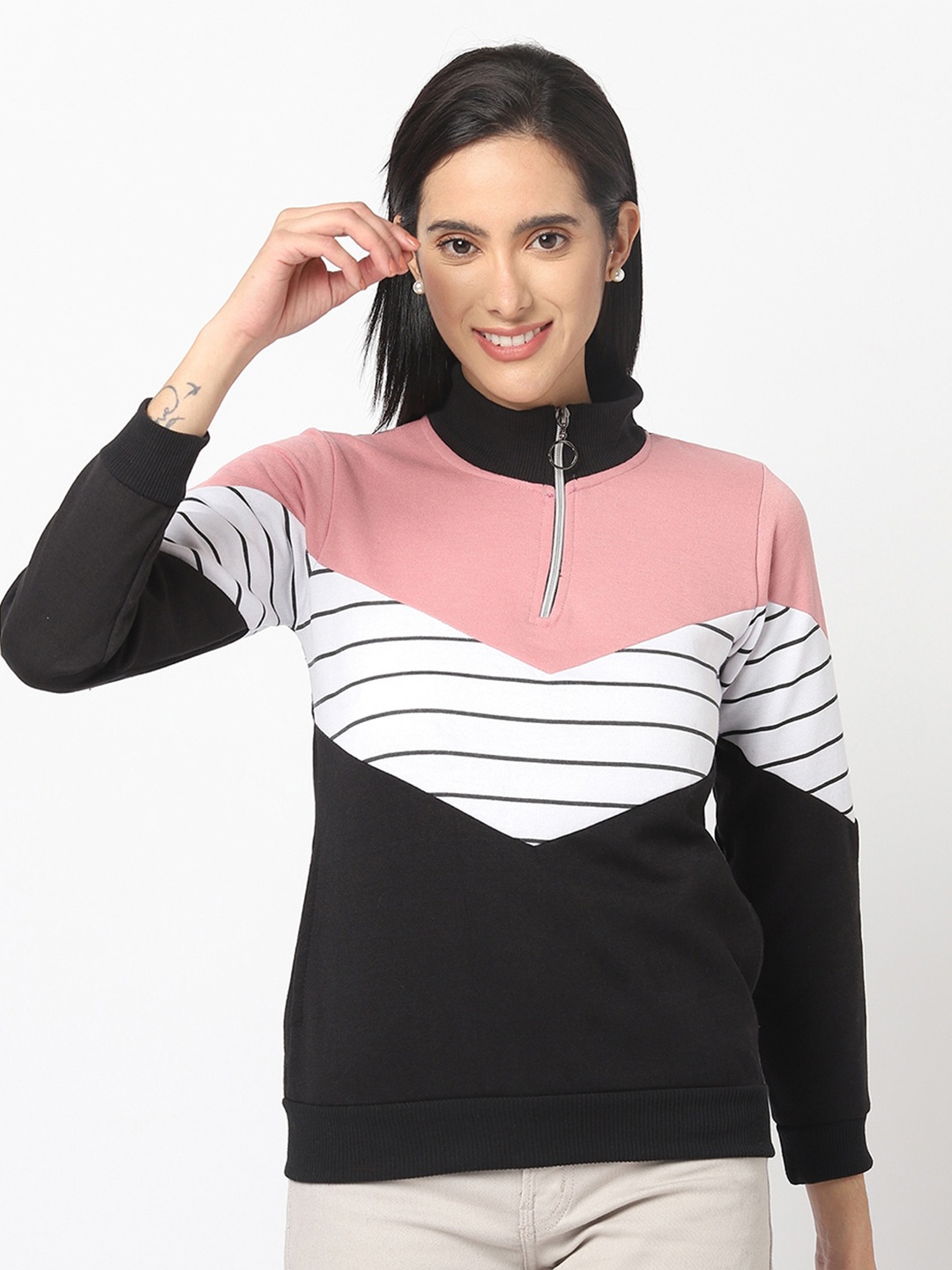 

ELEGANCE Women Colourblocked Sweatshirt, Peach