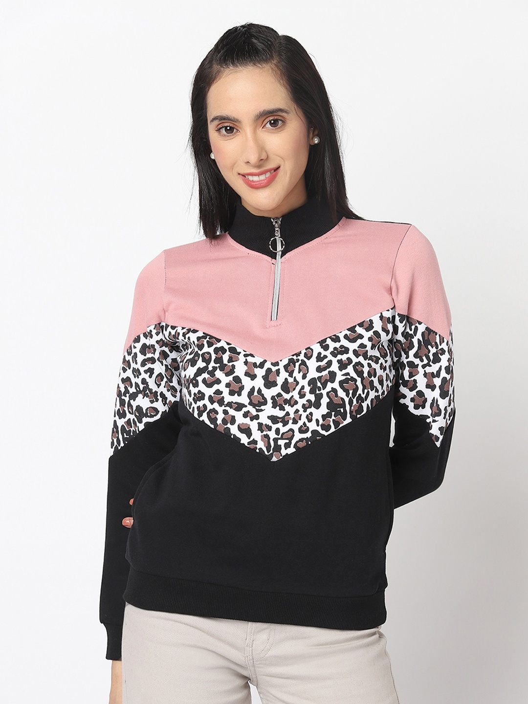 

ELEGANCE Women Colourblocked Sweatshirt, Peach