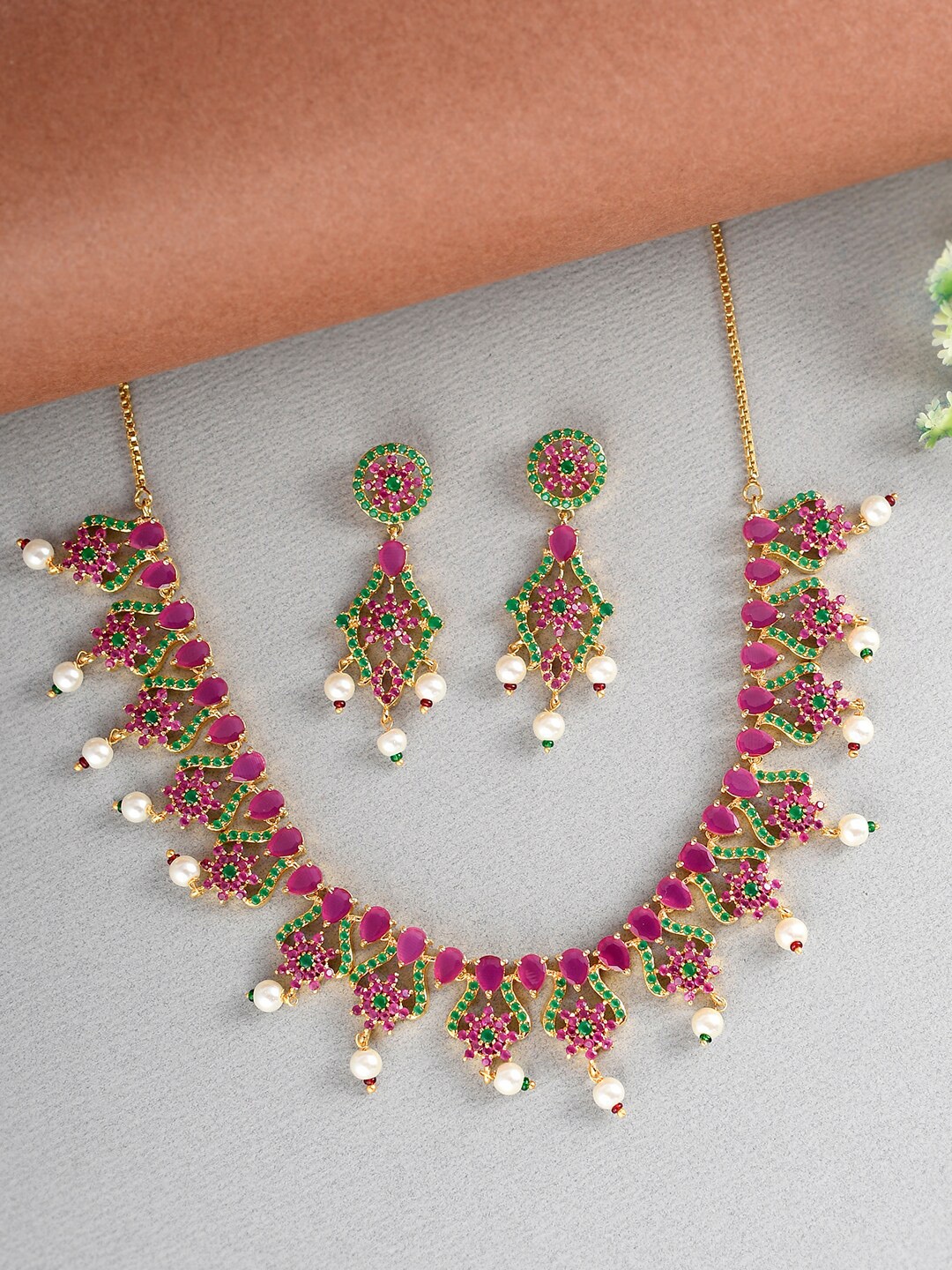 

Voylla Sparkling Elegance Gold-Plated CZ & Pearl Beaded-Studded Jewellery Set