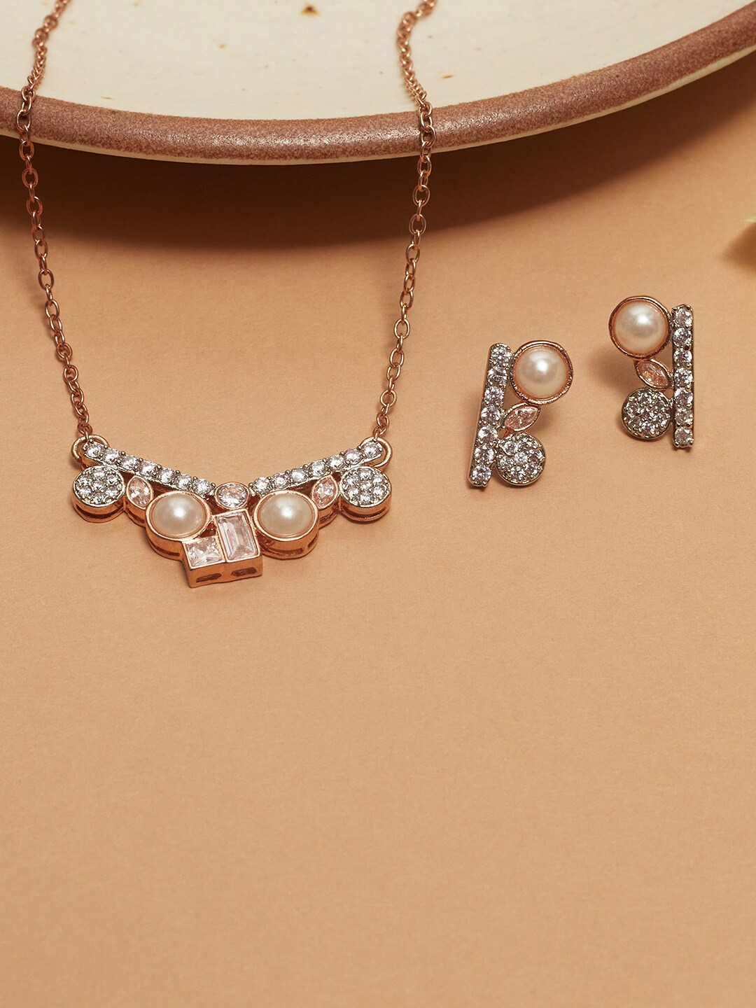 

Voylla Rose Gold-Plated Faux Pearls & CZ Studded Jewellery Set