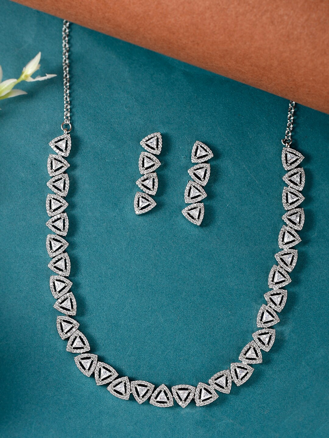 

Voylla Rhodium-Plated Cubic Zirconia-Studded Jewellery Set, Silver