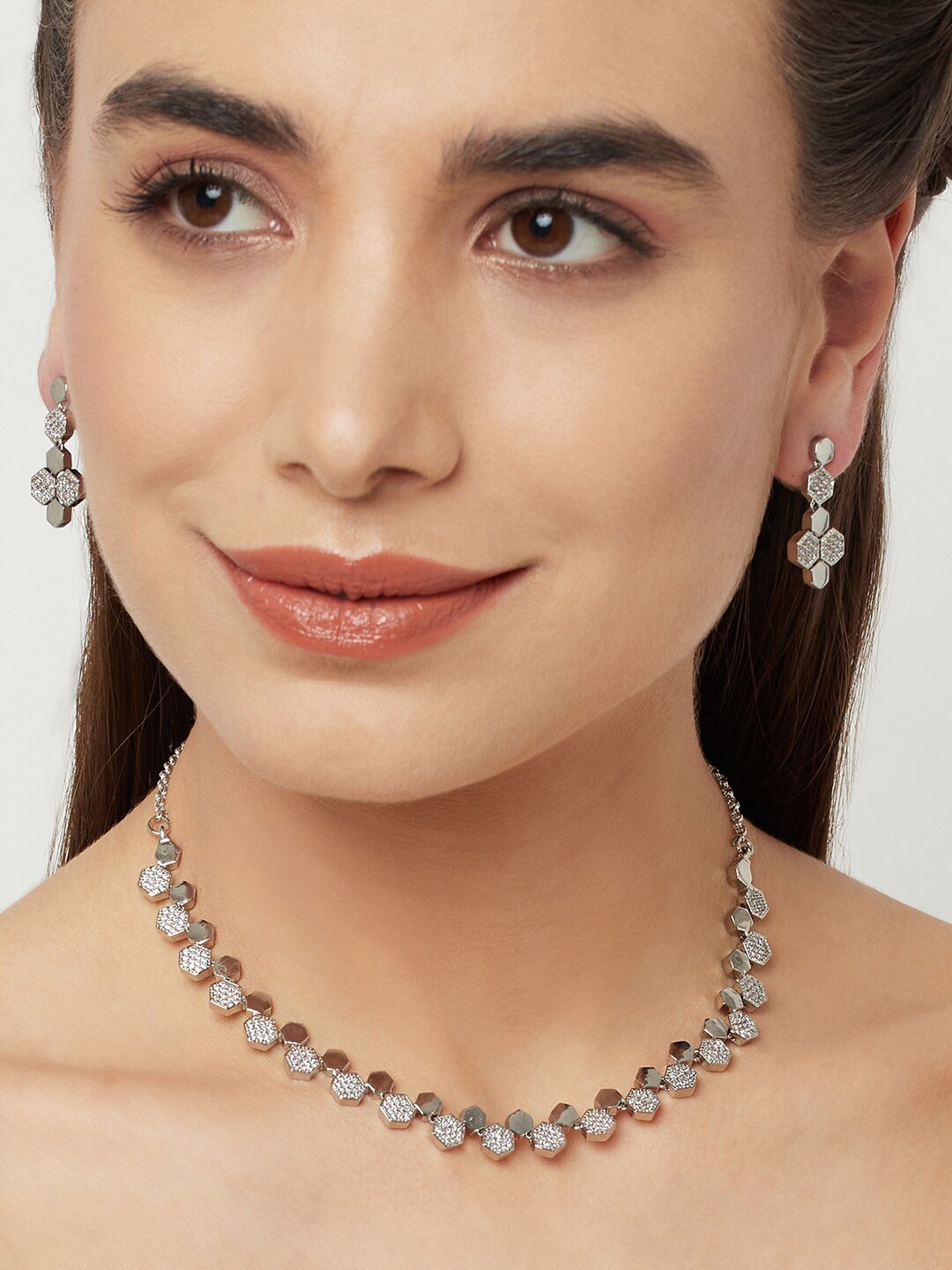 

Voylla Rhodium-Plated Zircons Embellished Jewellery Set, Silver
