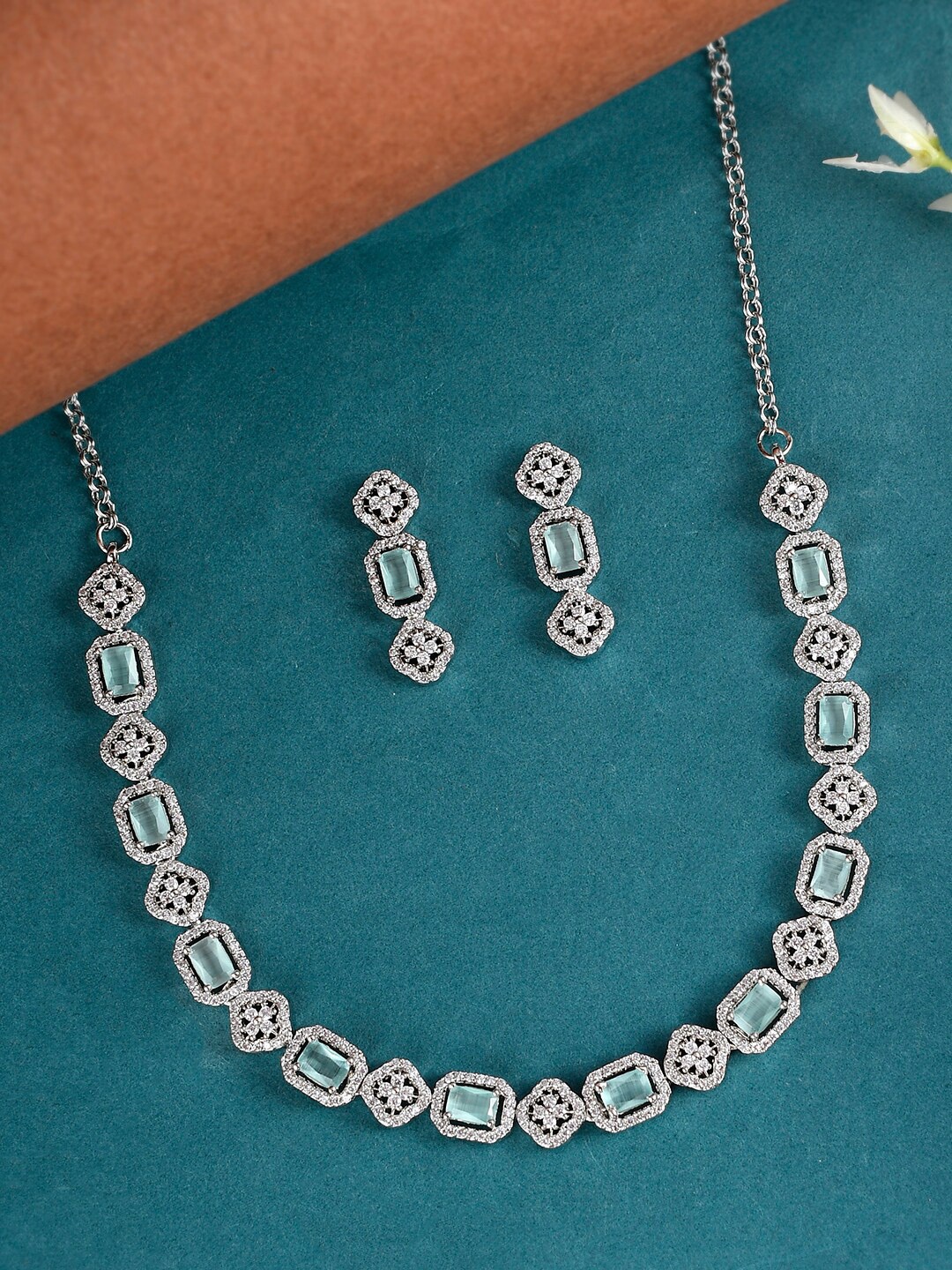 Voylla Rhodium-Plated CZ Studded Jewellery Set, Green
