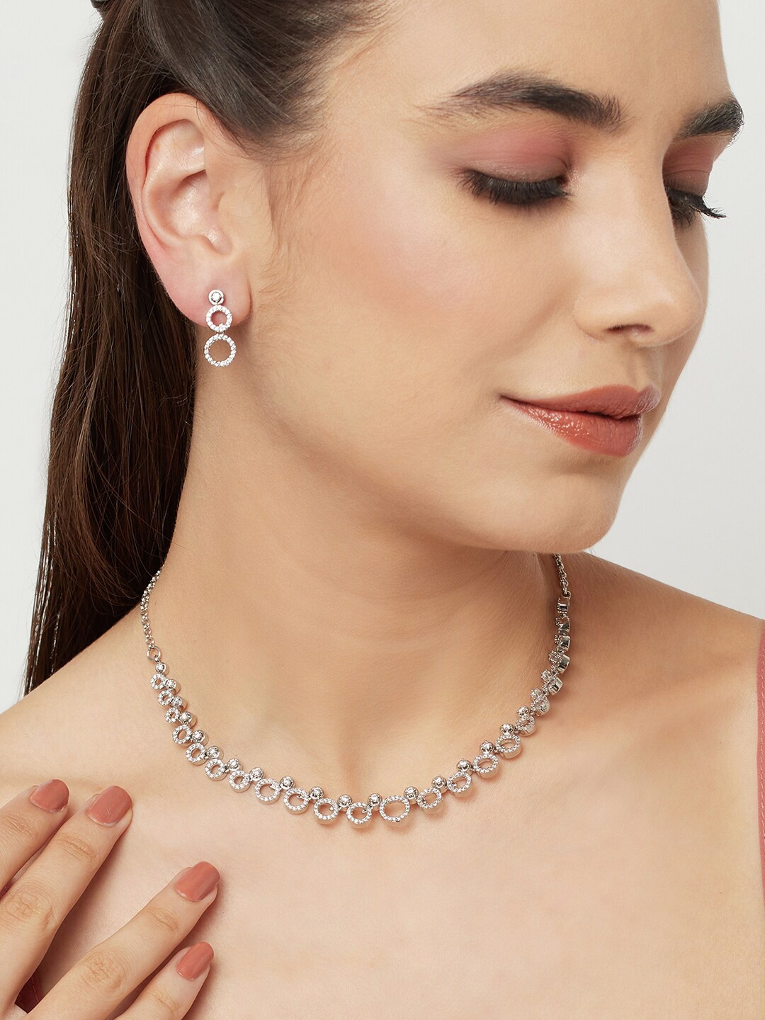 Voylla Circles Rhodium-Plated CZ-Studded Jewellery Set, Silver