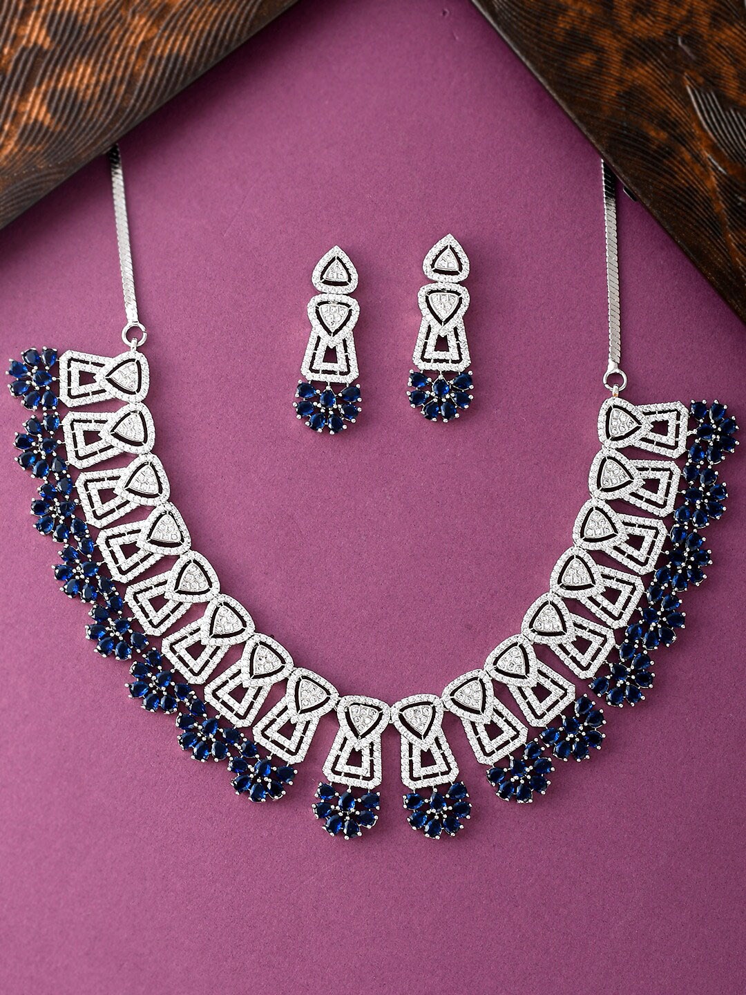 

Voylla Silver-Plated CZ Stone-Studded Jewellery Set, Blue