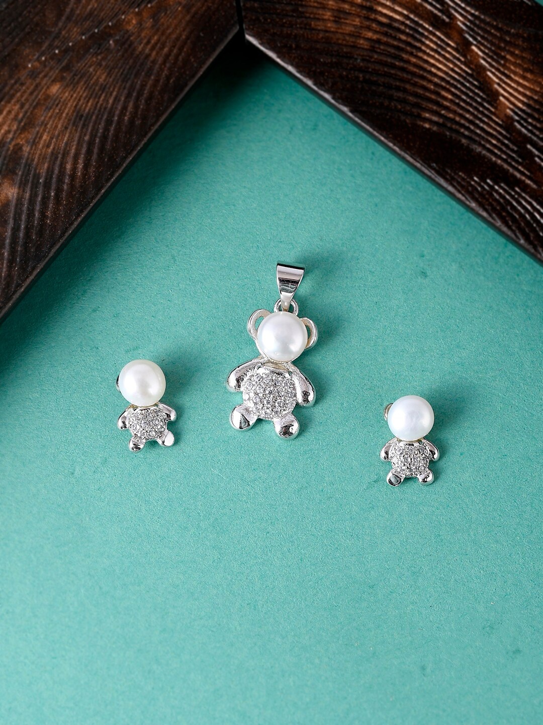 

Voylla Silver-Plated CZ & Pearl Studded Pendant Set, White