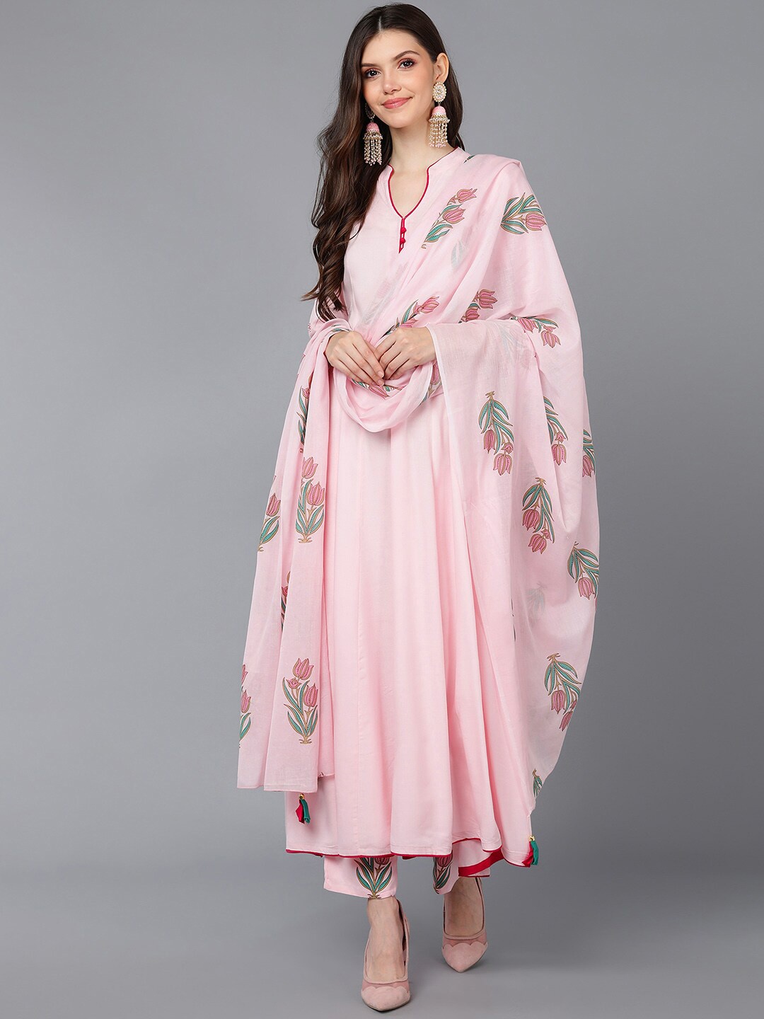 AHIKA Women Pink Pure Cotton Kurta with Trousers & With Dupatta