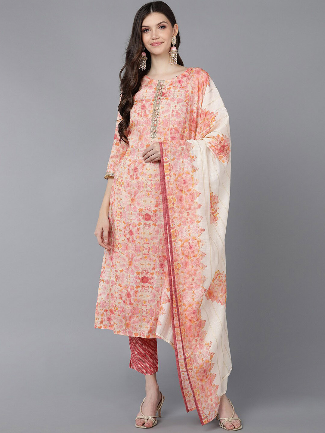 

AHIKA Women Peach-Coloured Printed Kurta with Trousers & With Dupatta