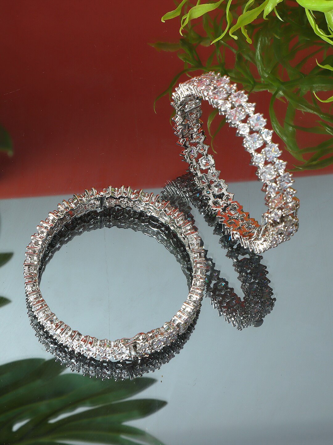 

AURAA TRENDS Set Of 2 Rhodium-Plated AD-Studded Bangles, White