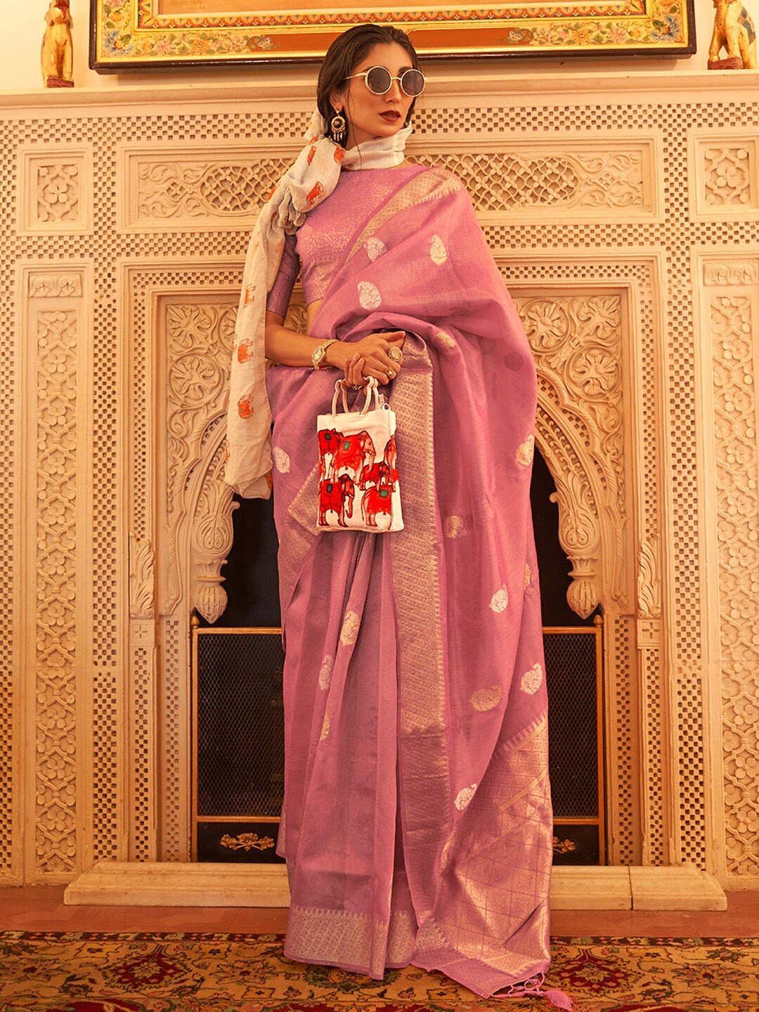 

Saree mall Woven Design Zari Bagru Traditional Sarees, Mauve