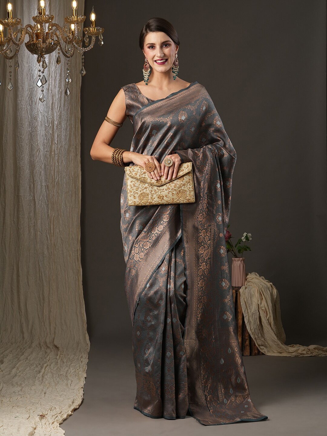 Saree mall Woven Design Zari Dharmavaram Sarees, Grey