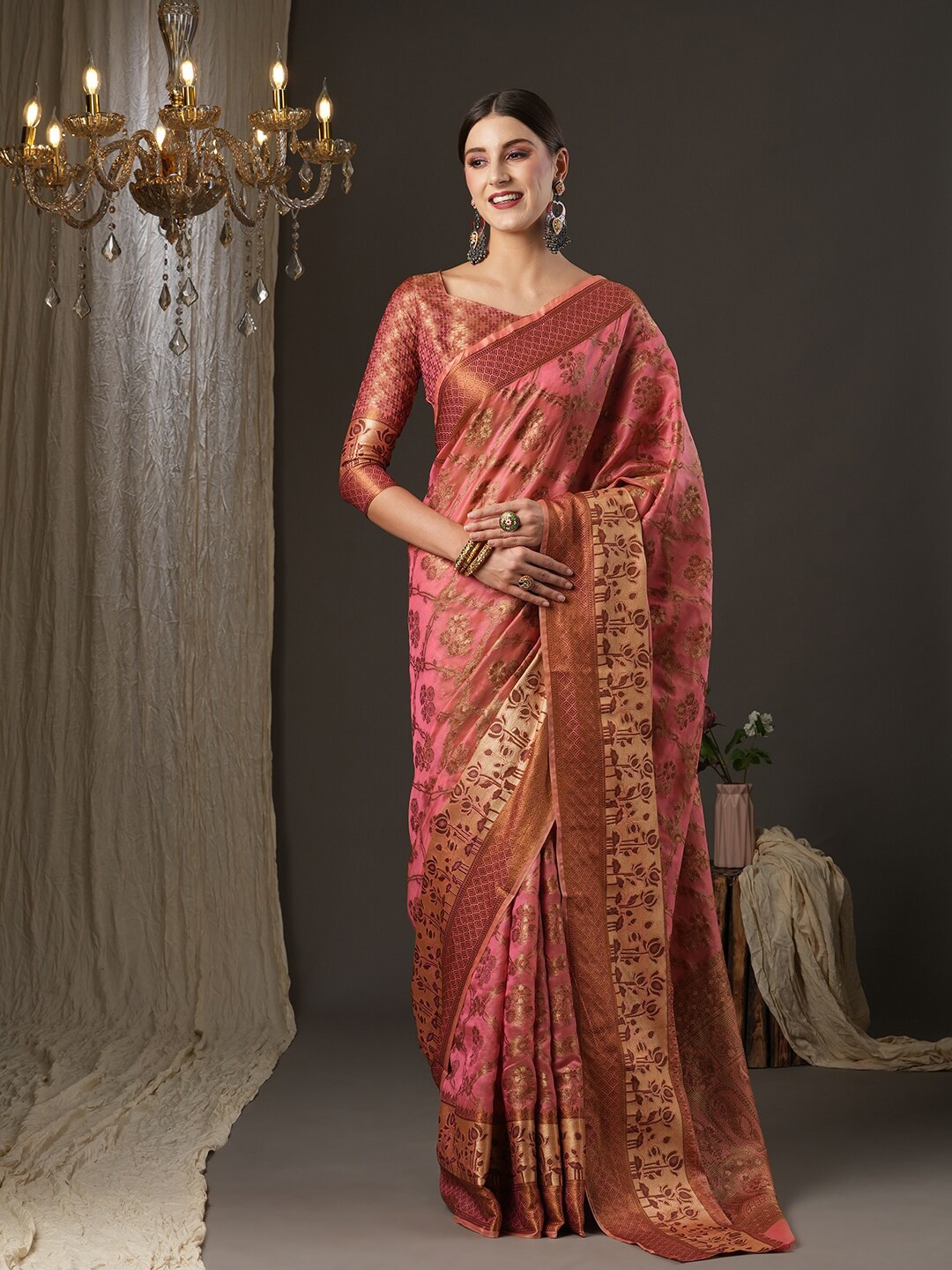 

Saree mall Woven Design Zari Dharmavaram Sarees, Pink