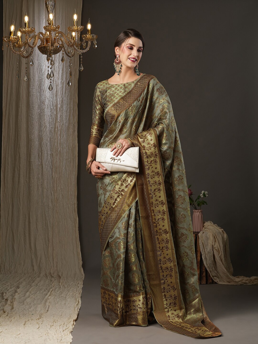 

Saree mall Woven Design Zari Silk Blend Dharmavaram Sarees, Grey