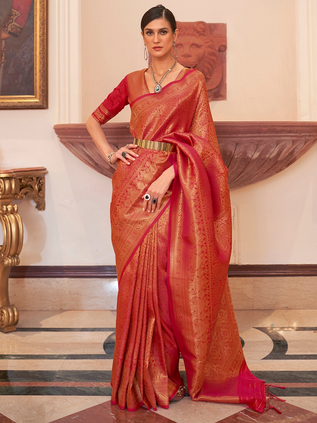 

Saree mall Woven Design Zari Silk Blend Banarasi Saree, Red