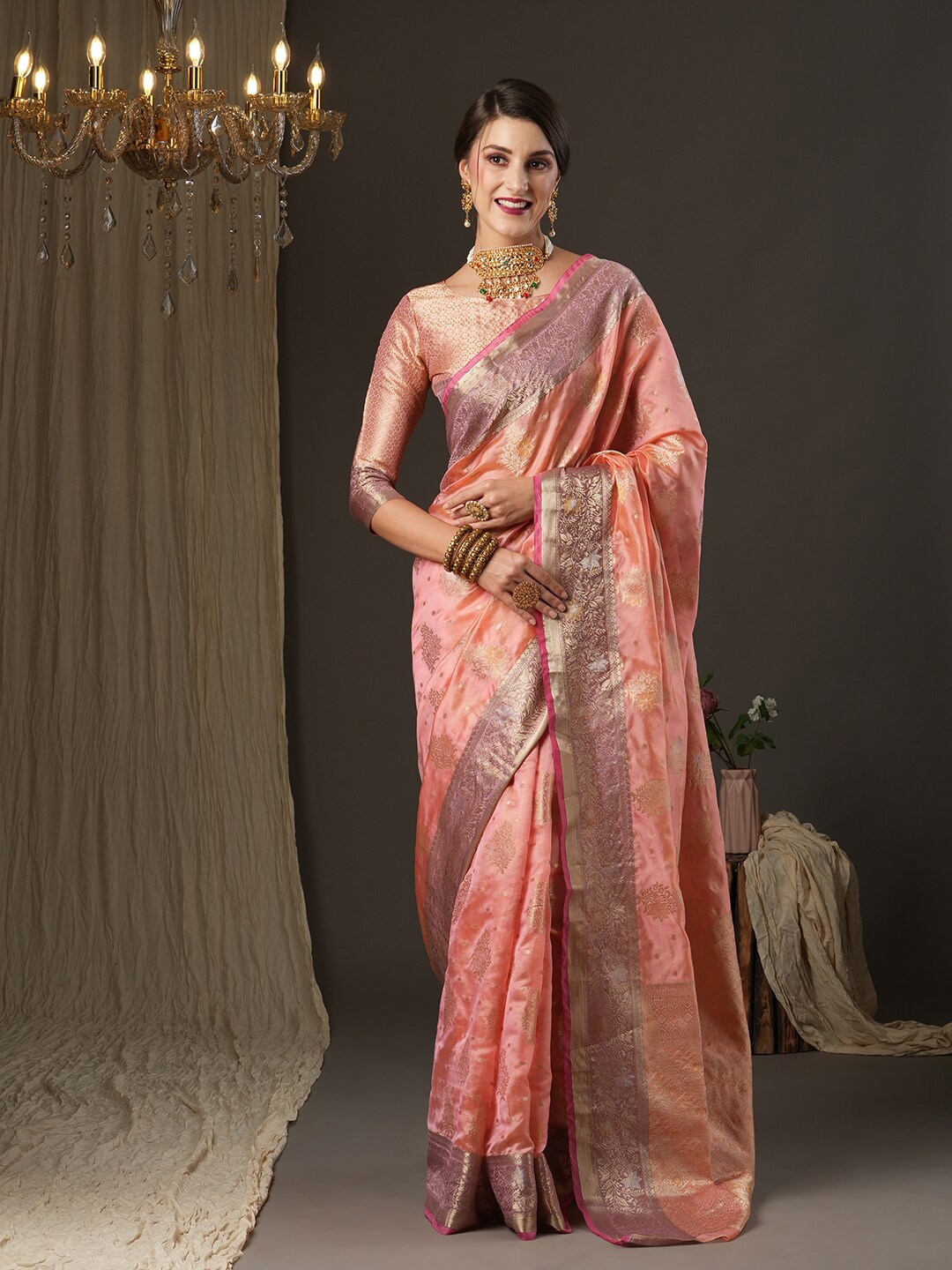 

Saree mall Woven Design Zari Organza Bagh Traditional Sarees, Peach