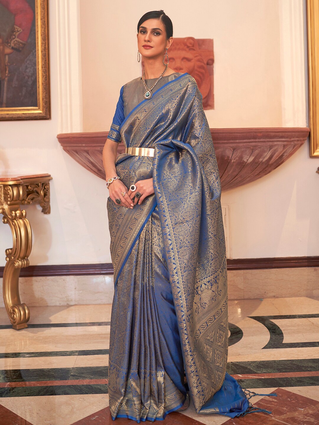Saree mall Woven Design Zari Banarasi Traditional Sarees, Navy blue