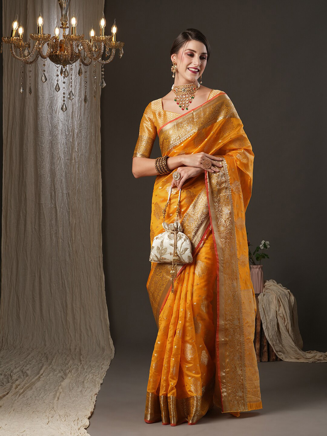 

Saree mall Woven Design Zari Organza Bagh Sarees, Yellow