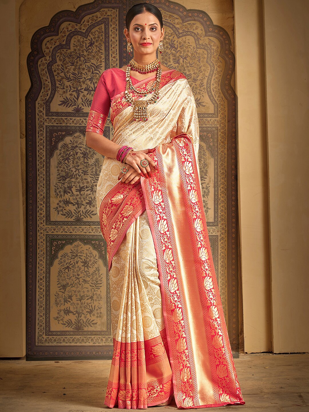 

Saree mall Woven Design Zari Kanjeevaram Traditional Sarees, Cream