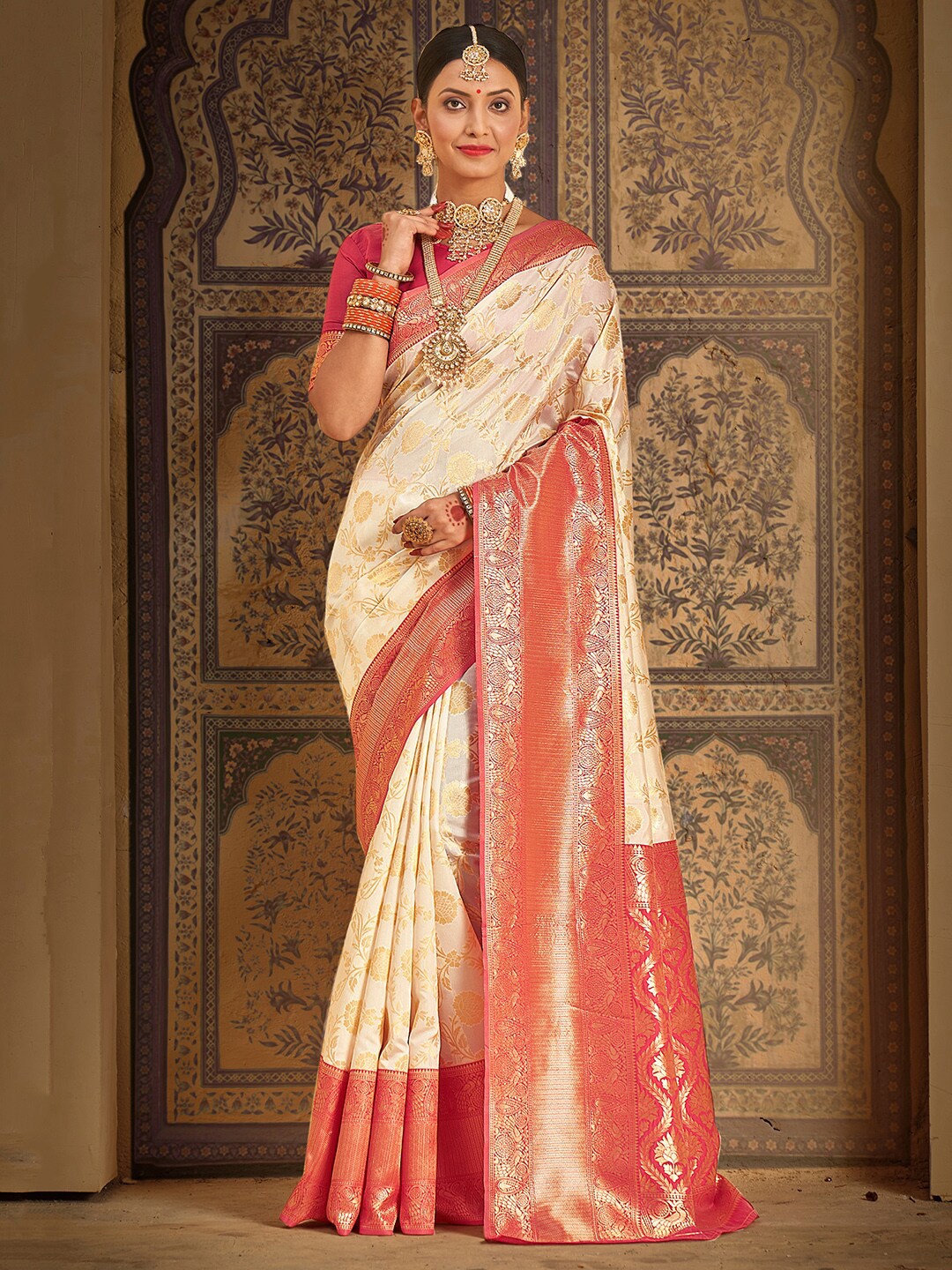 

Saree mall Woven Design Zari Kanjeevaram Traditional Sarees, Cream