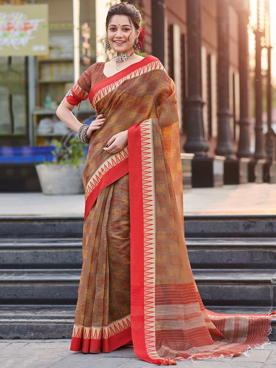 

Saree mall Abstract Printed Festive Sarees, Brown