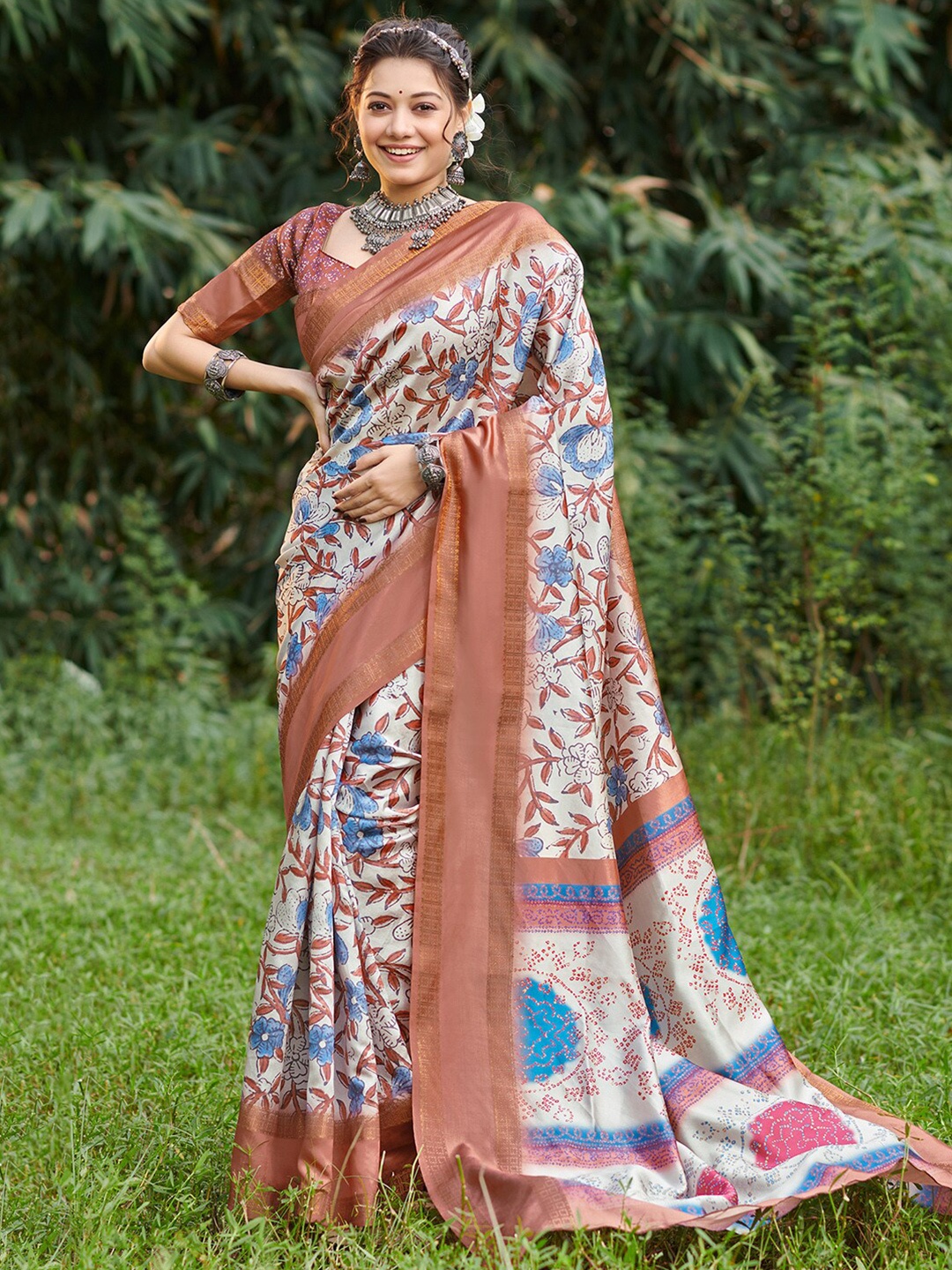 

Saree mall Floral Art Silk Dabu Sarees, Off white