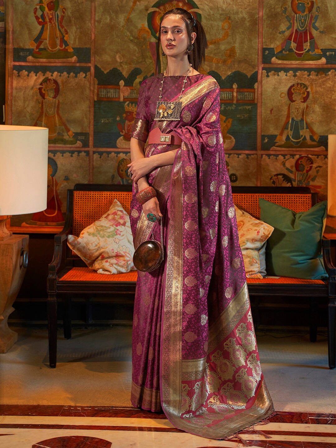 

Saree mall Woven Design Zari Silk Blend Kanjeevaram Sarees, Purple