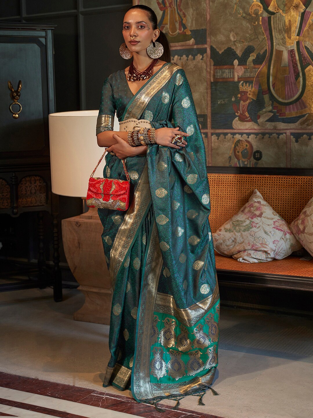 

Saree mall Woven Design Zari Silk Blend Kanjeevaram Sarees, Teal