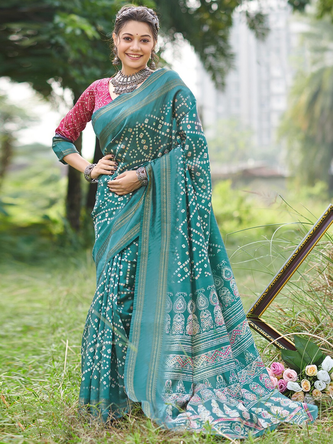 

Saree mall Woven Design Art Silk Bandhani Sarees, Teal