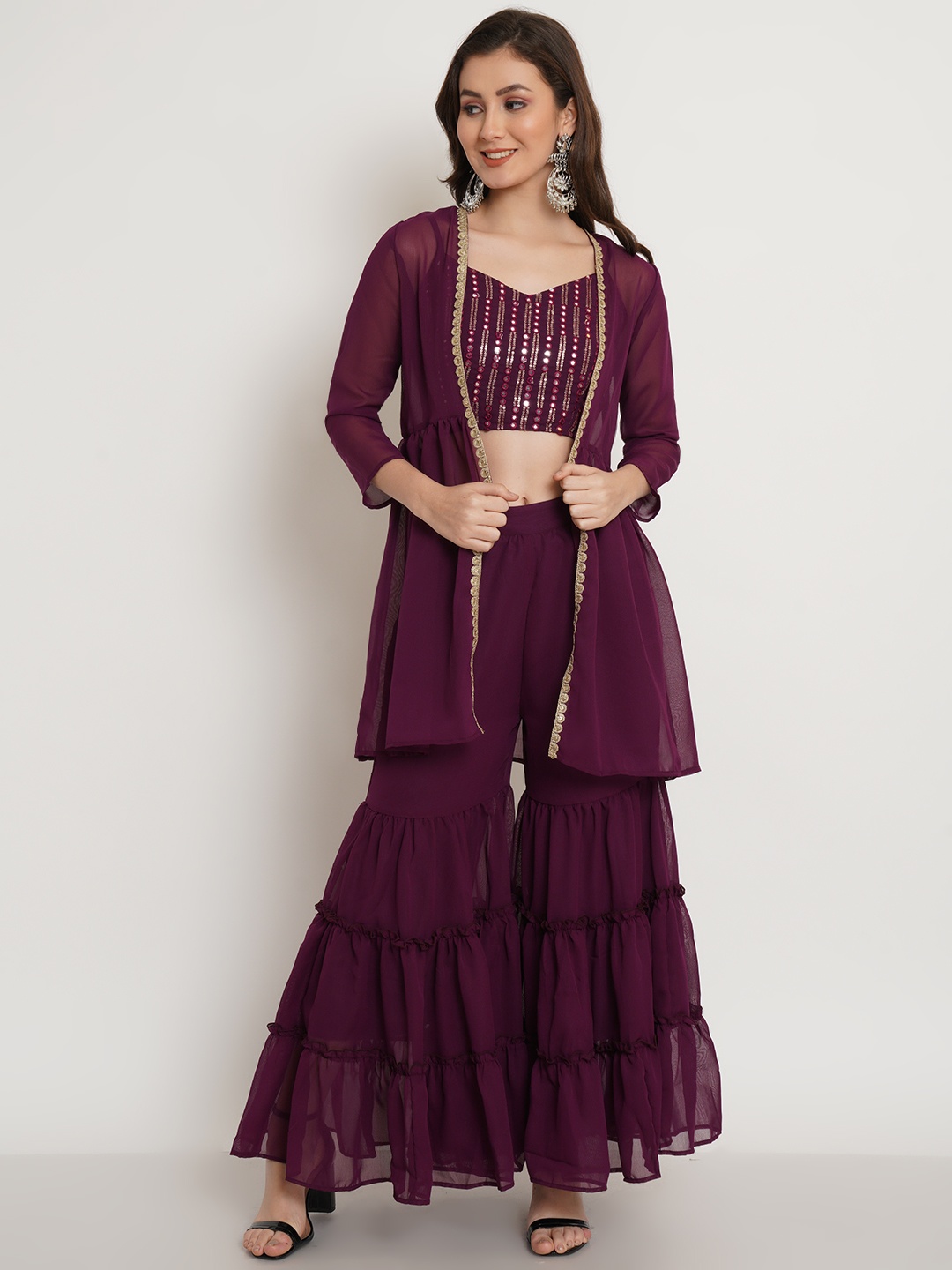 

Purple State Women Burgundy Ethnic Motifs Embroidered Mirror Work Top with Sharara