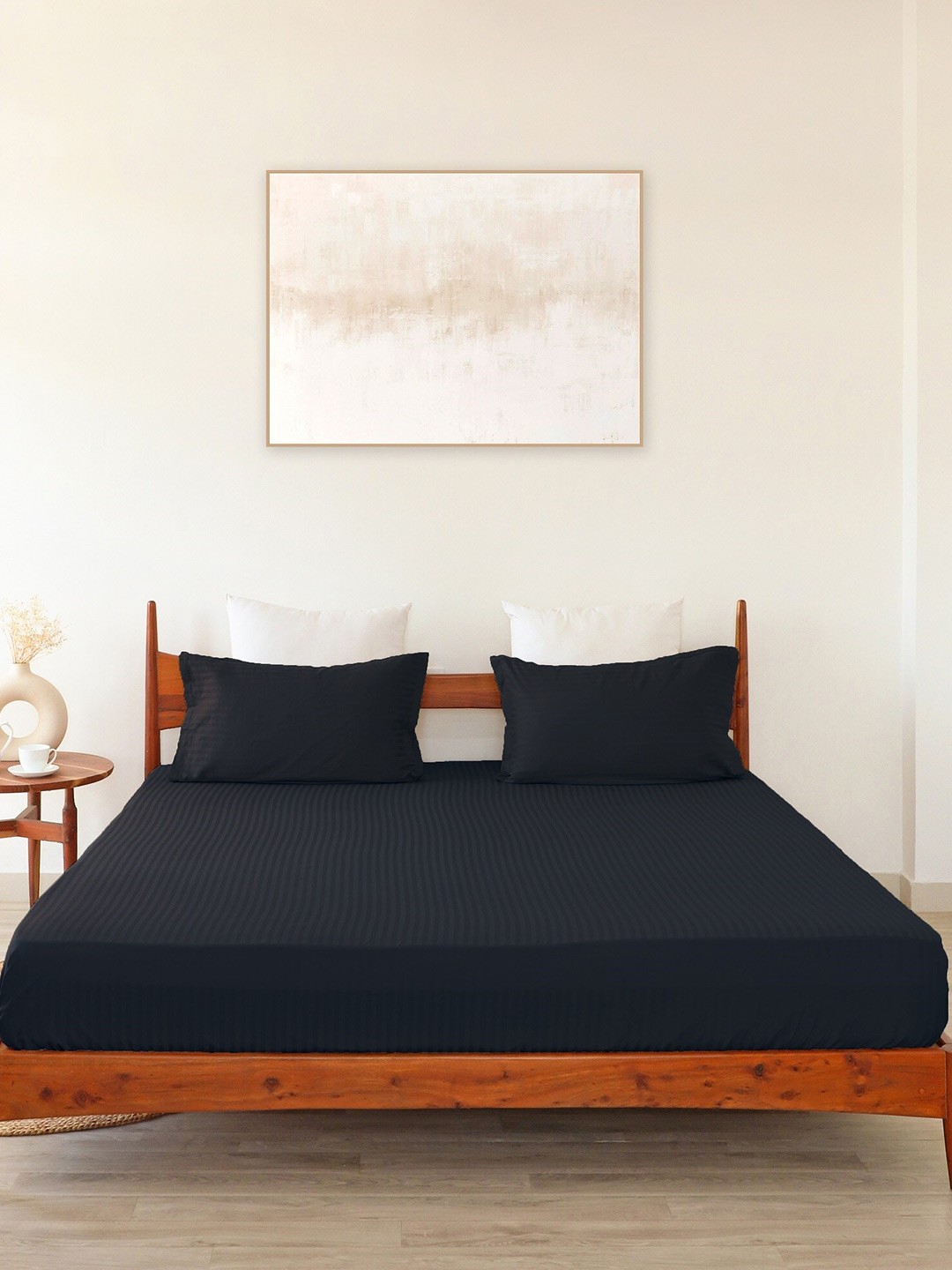 

HOMEMONDE Navy Blue 300 TC Cotton Satin Striped Fitted Queen Bedsheet with 2 Pillow Covers