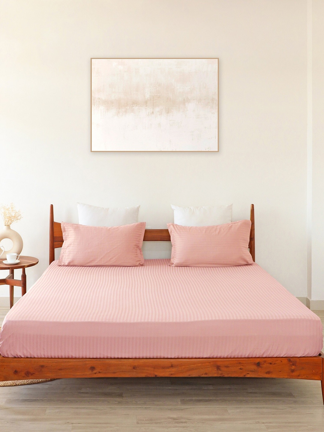 

HOMEMONDE Pink 300 TC Cotton Satin Striped Fitted King Bedsheet with 2 Pillow Covers