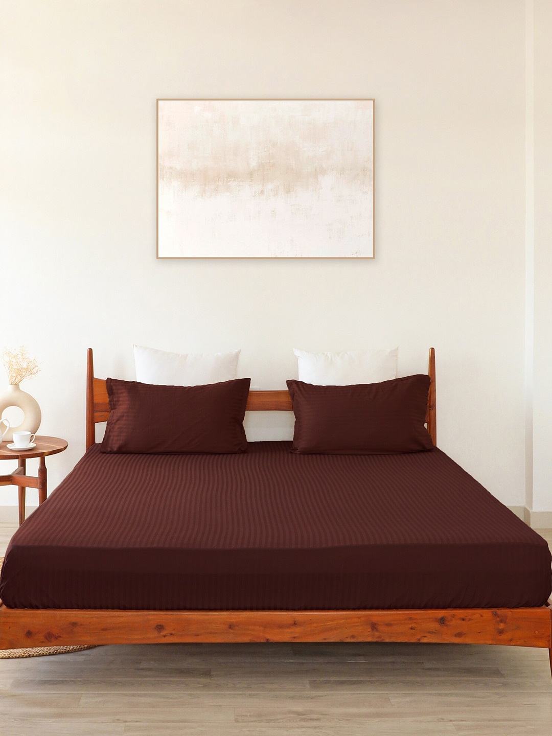 

HOMEMONDE Maroon 300 TC Cotton Satin Striped Fitted King Bedsheet with 2 Pillow Covers