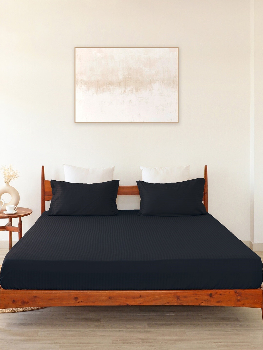 

HOMEMONDE Navy Blue 300 TC Cotton Satin Striped Fitted King Bedsheet with 2 Pillow Covers