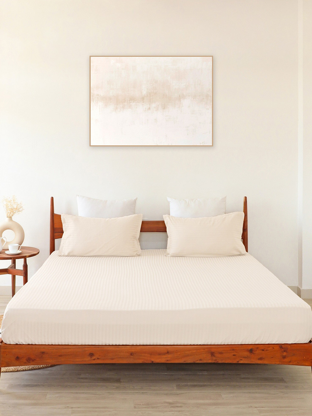 

HOMEMONDE Off White 300 TC Cotton Satin Striped Fitted Queen Bedsheet with 2 Pillow Covers