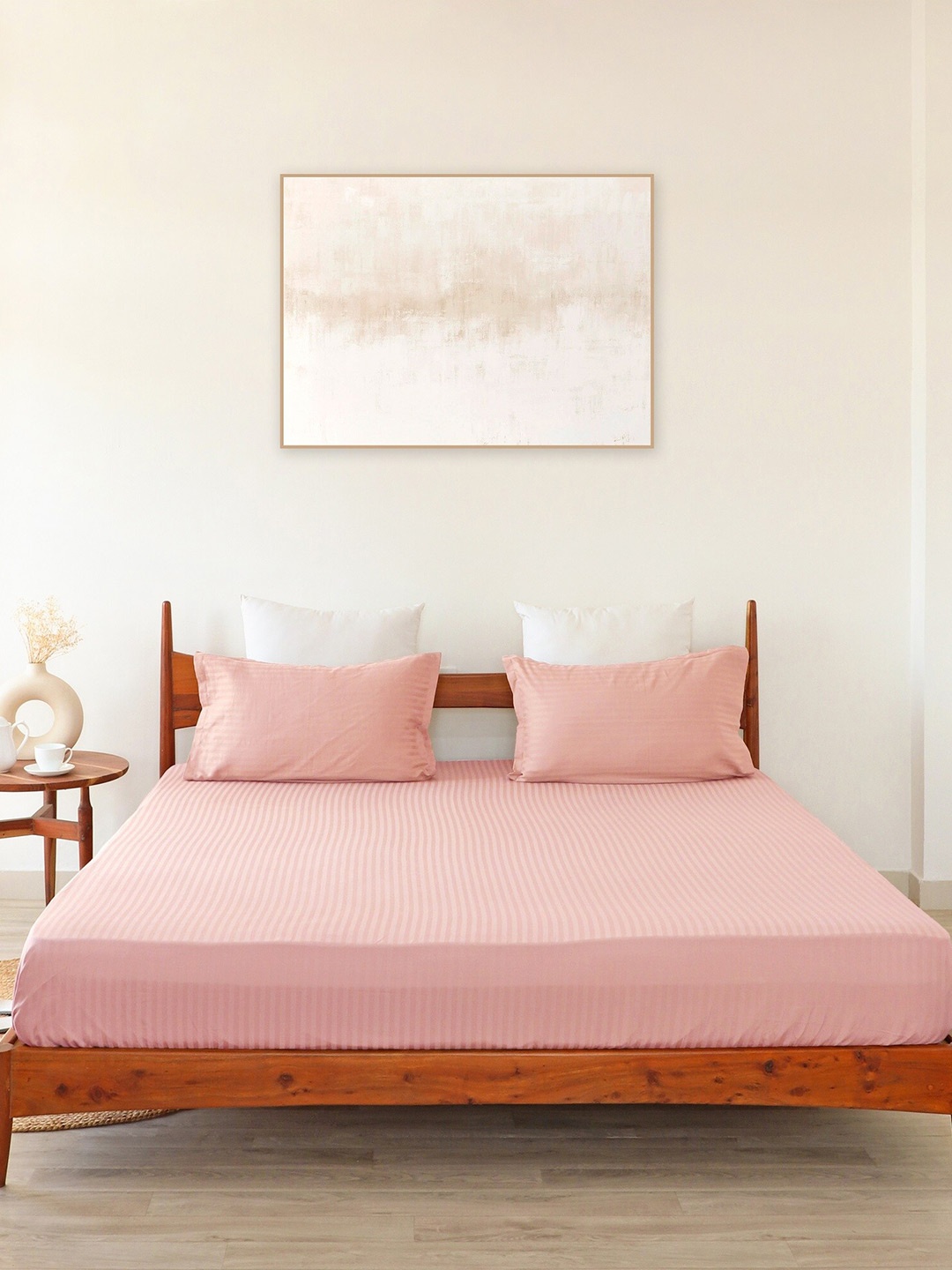 

HOMEMONDE 300 TC Cotton Satin Striped Fitted Bedsheet with 2 Pillow Covers, Pink