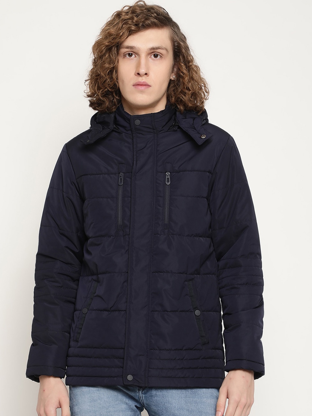 

METTLE Men Hooded Padded Jacket, Navy blue