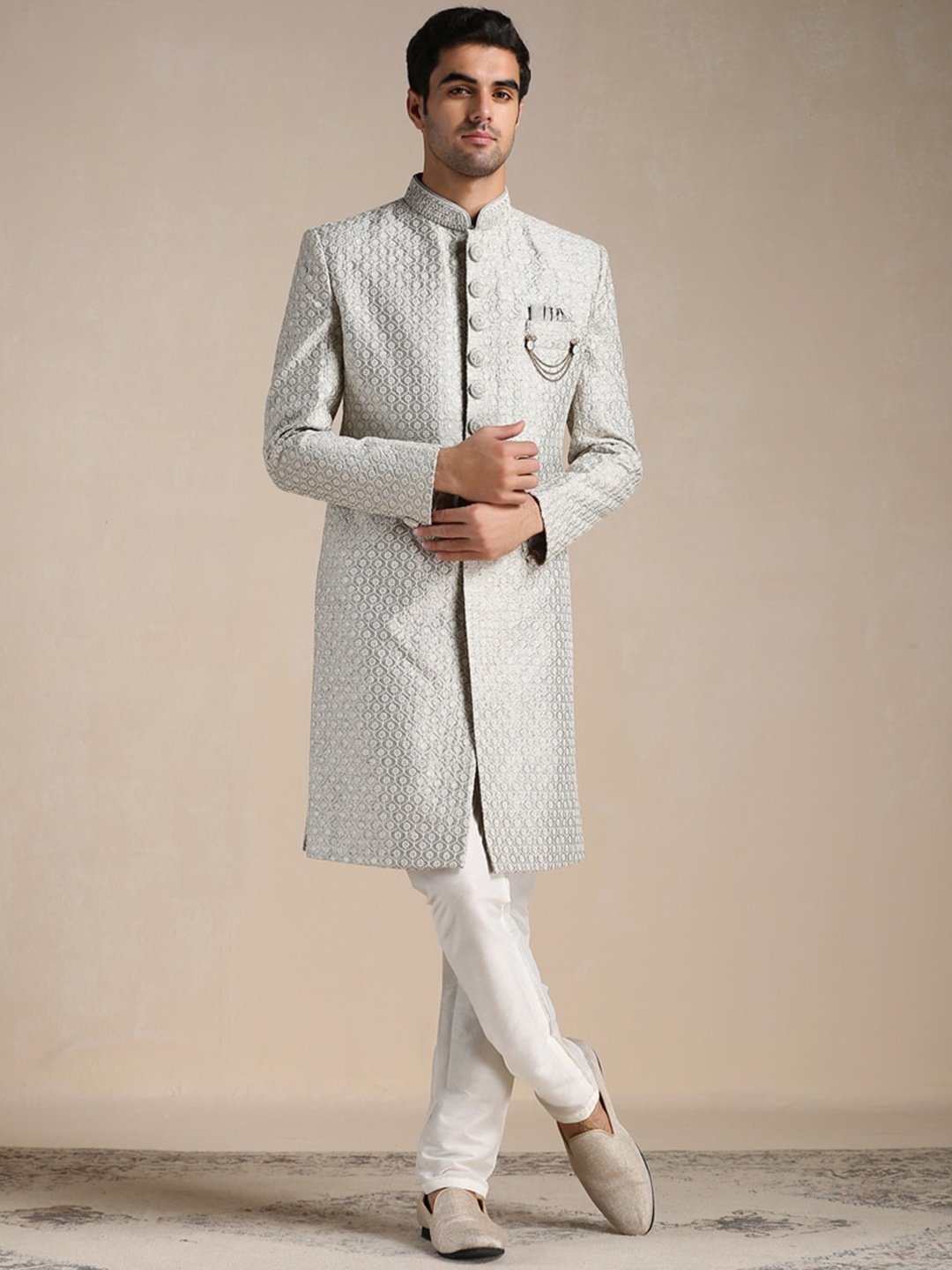 

Manyavar Men Woven Design Sherwani Set, Grey
