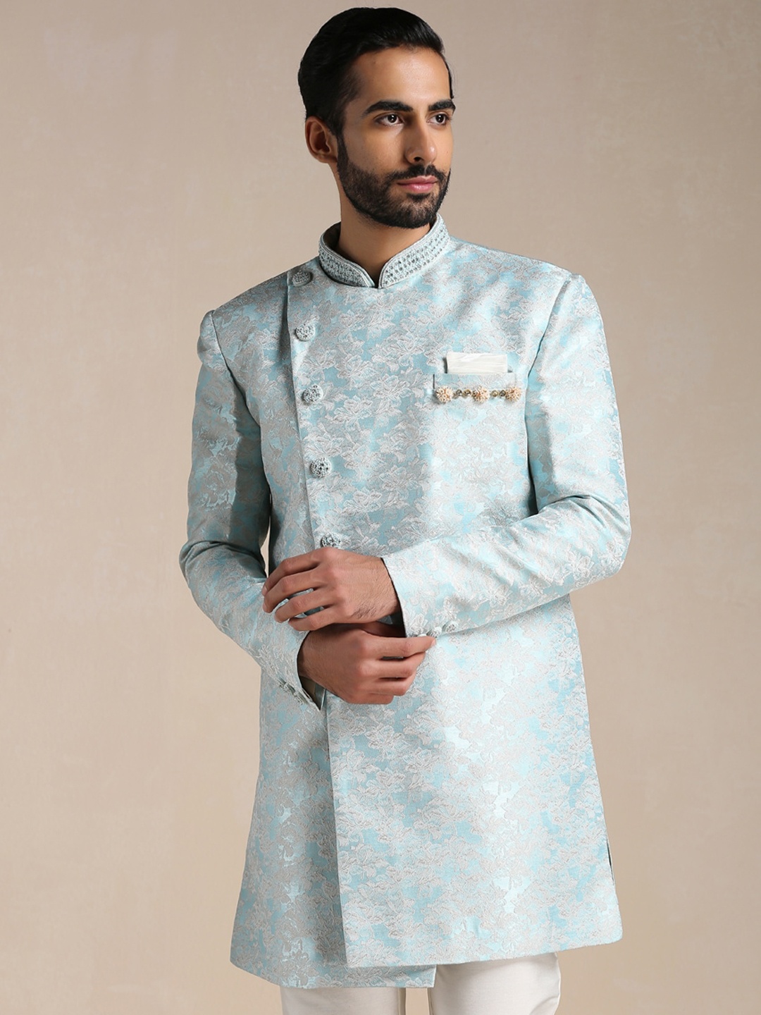 

Manyavar Men Woven Design Sherwani Set, Blue
