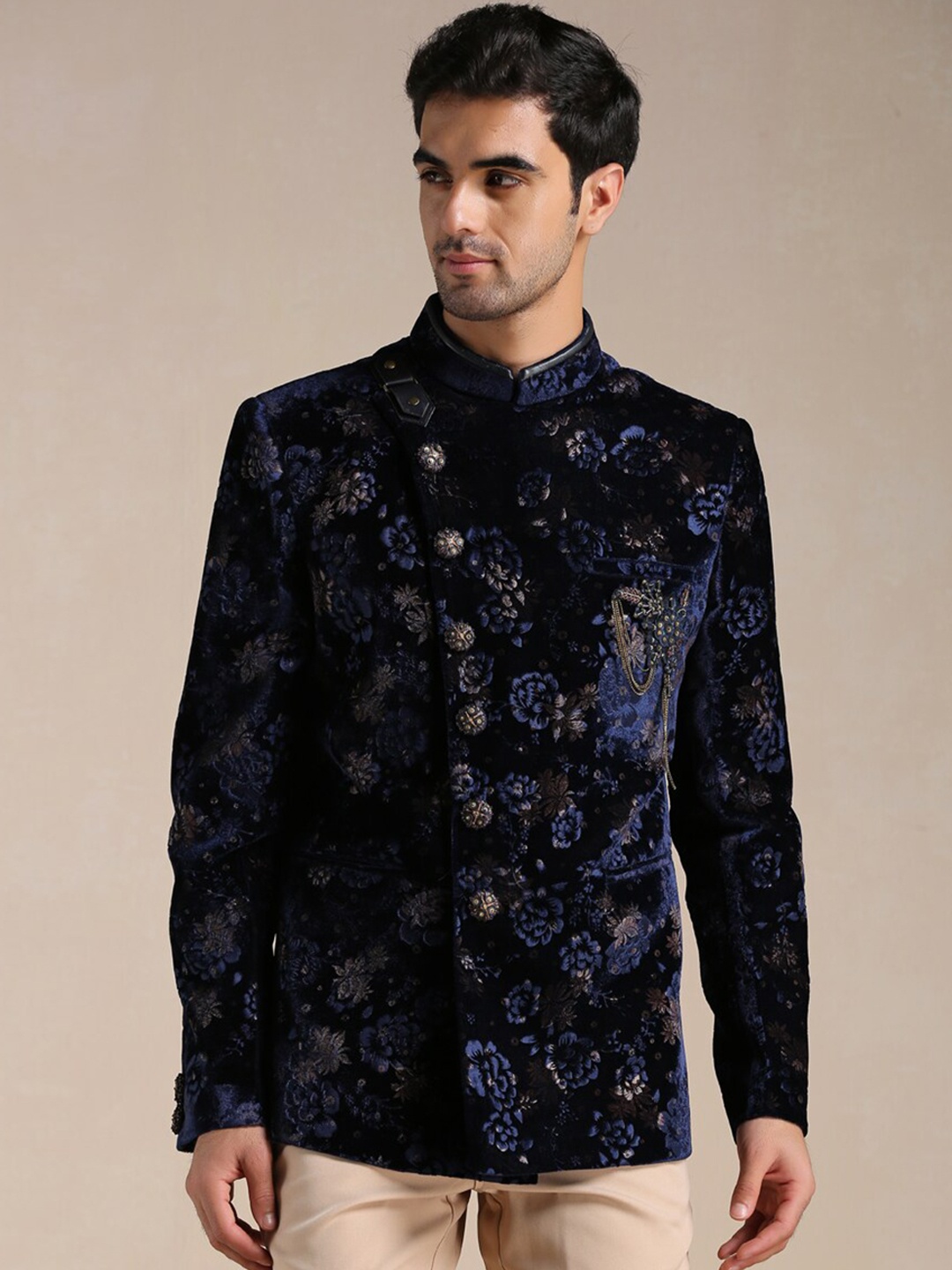 

Manyavar Velvet Printed & Embellished Indo Western Sherwani Set, Blue