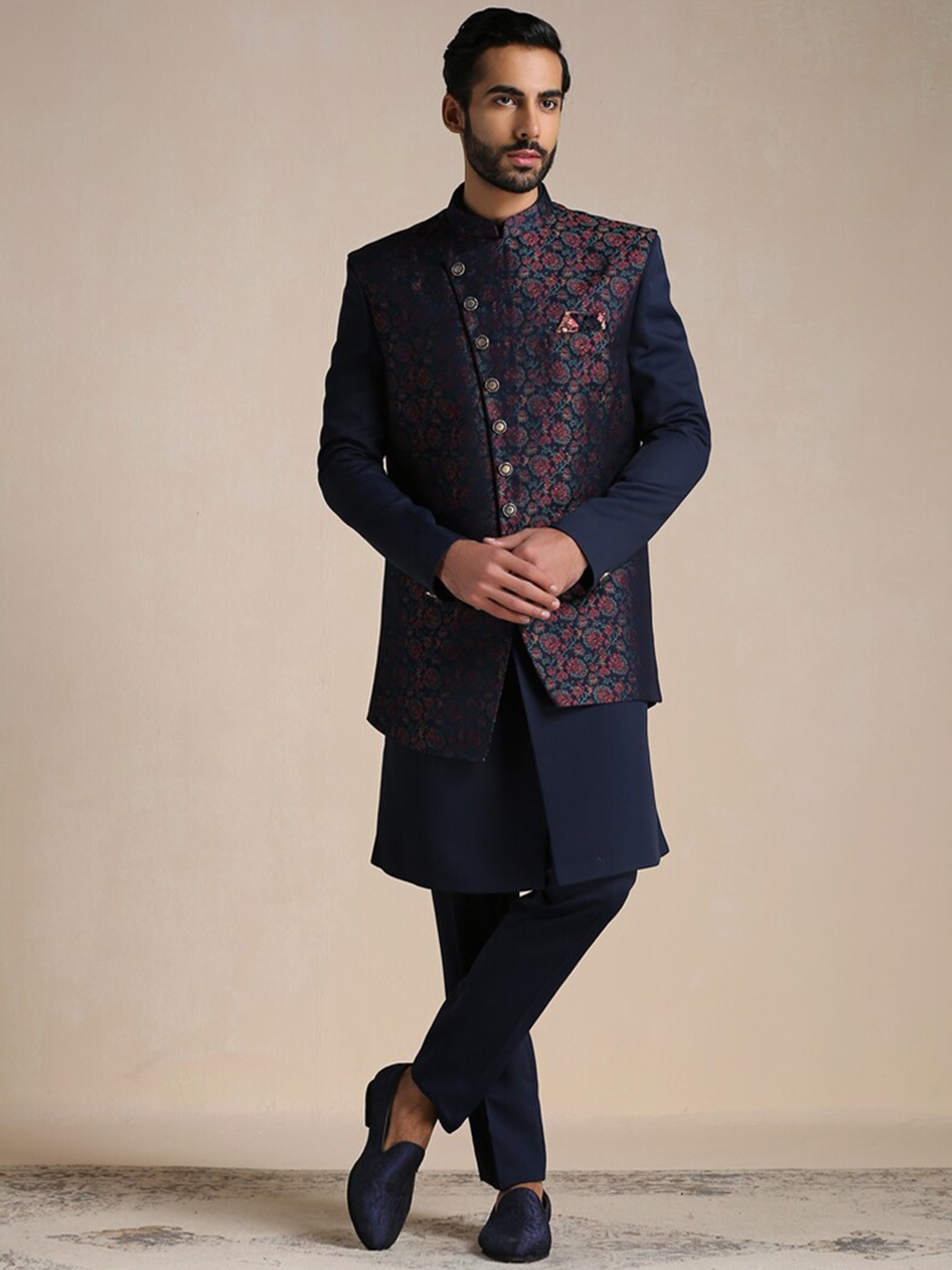 

Men Blue Sherwani and Trouser with Jacket Indo Western Set