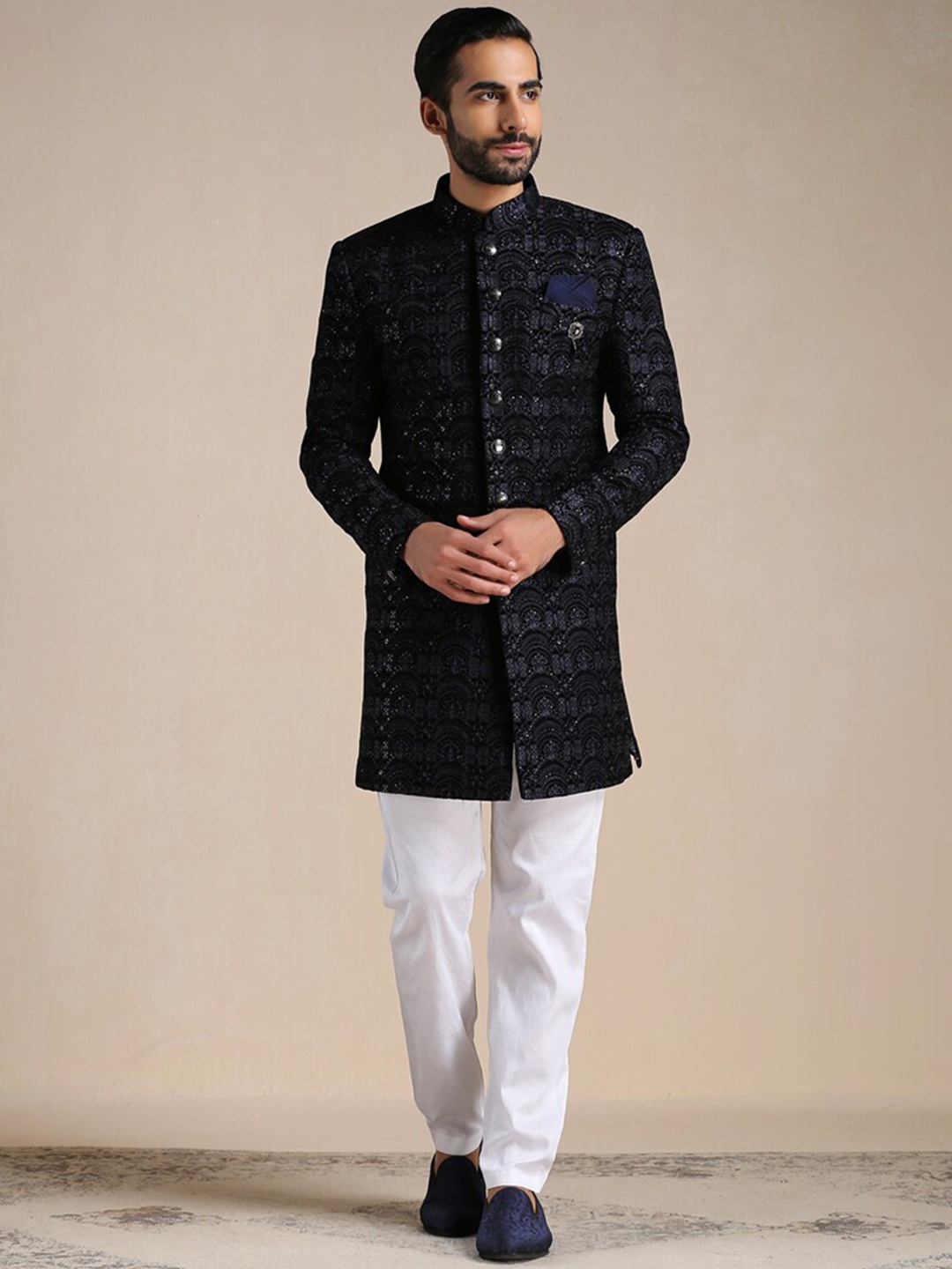 Manyavar Men Velvet Embellished Sherwani Set, Blue