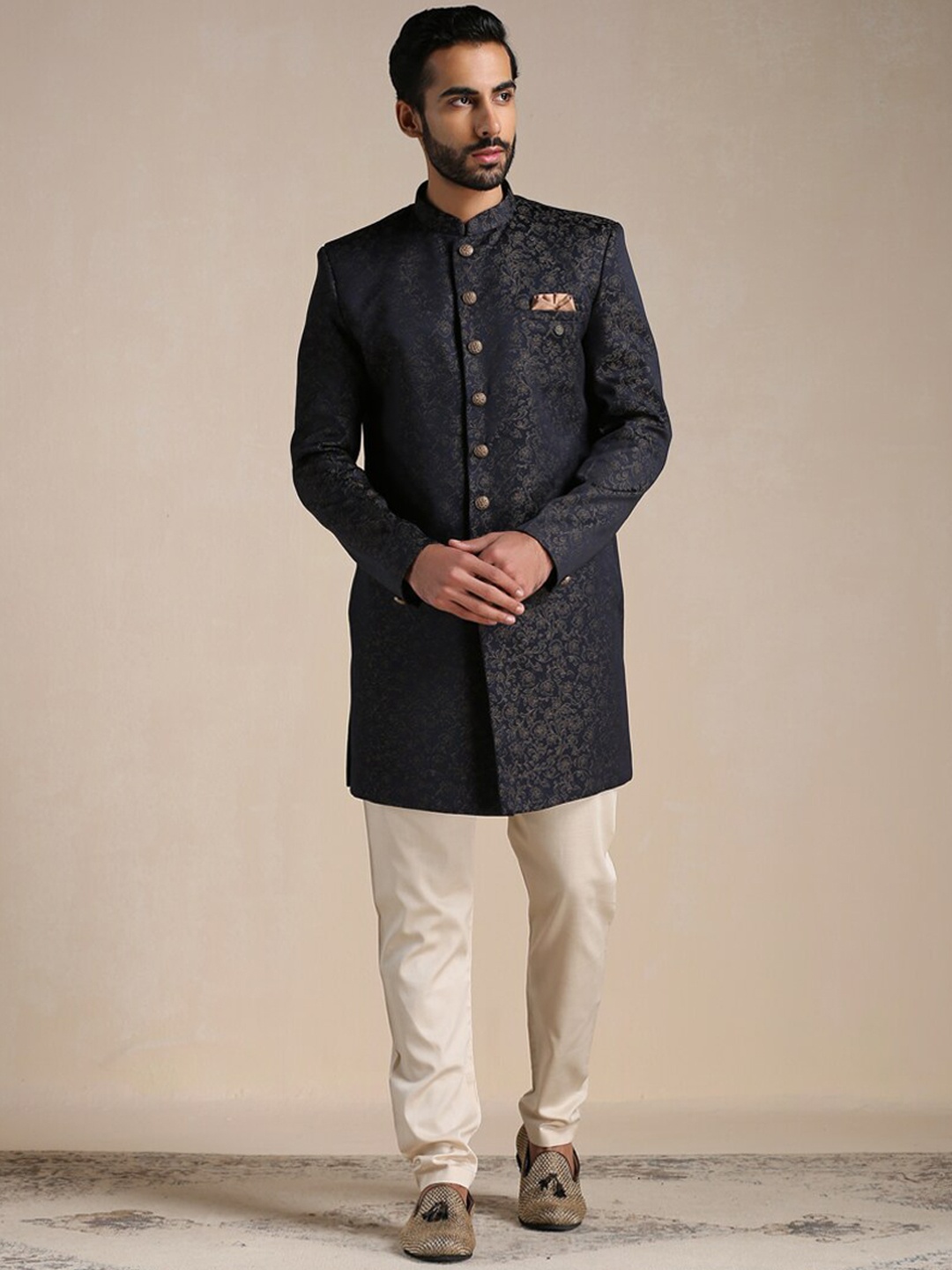 

Manyavar Men Printed Brocade Kurta and Pyjamas with Jacket Indo Western Set, Black