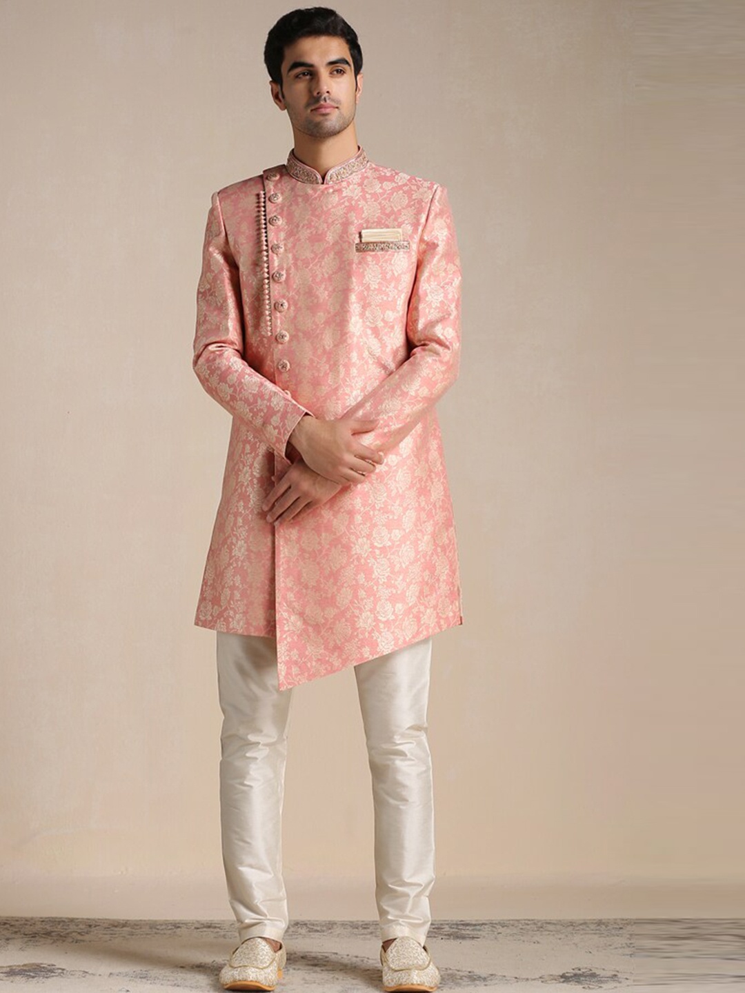 

Manyavar Floral Print Sherwani with Pyjama, Peach